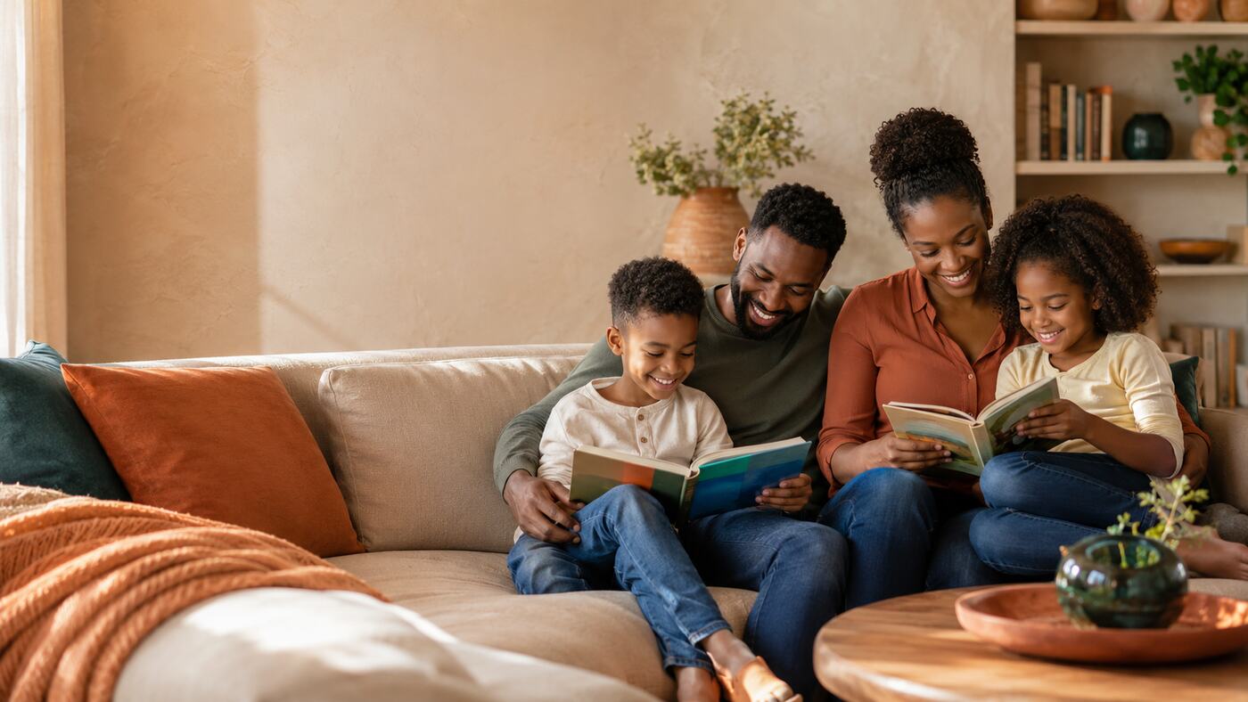 A happy family reading books together at home